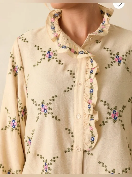 NEW Ivory Multi Floral Embroidered Long Sleeve Spring Blouse Medium - Picture 3 of 5
